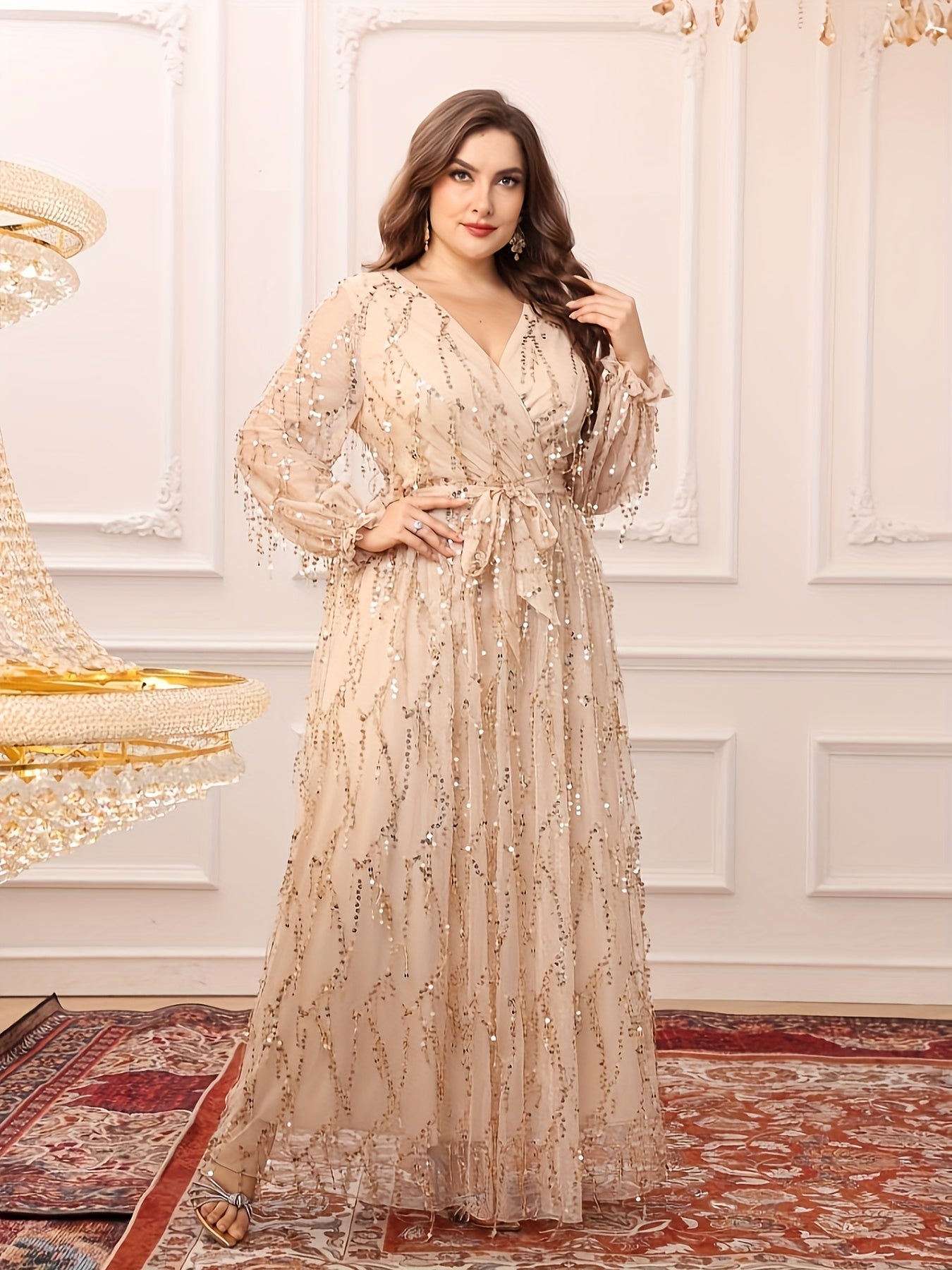 Plus Size Women's Black V-Neck Sequin Fringe Formal Gown for Prom Bridesmaids