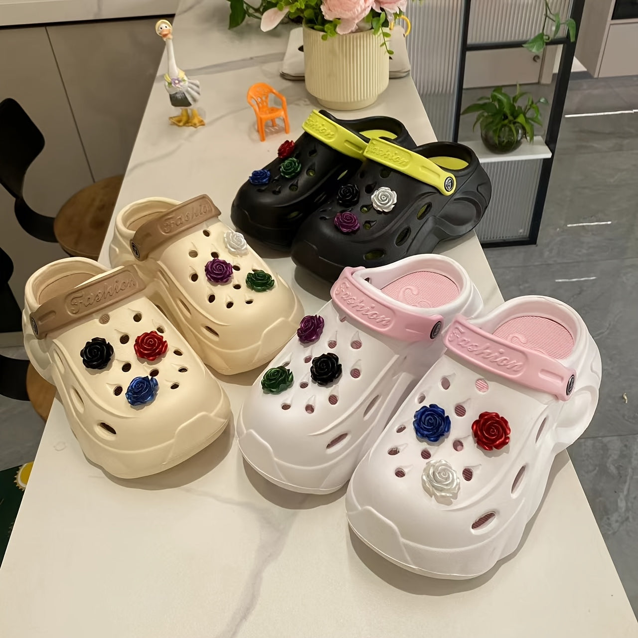 Women's Breathable EVA Clogs with 3D Rose Design, Platform Heel, Indoor Outdoor