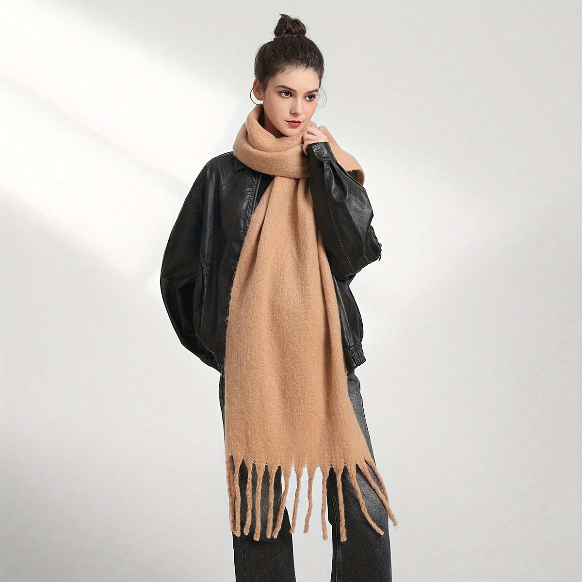 Women's Autumn Winter Solid Color Fringe Scarf Soft Windproof Large Shawl