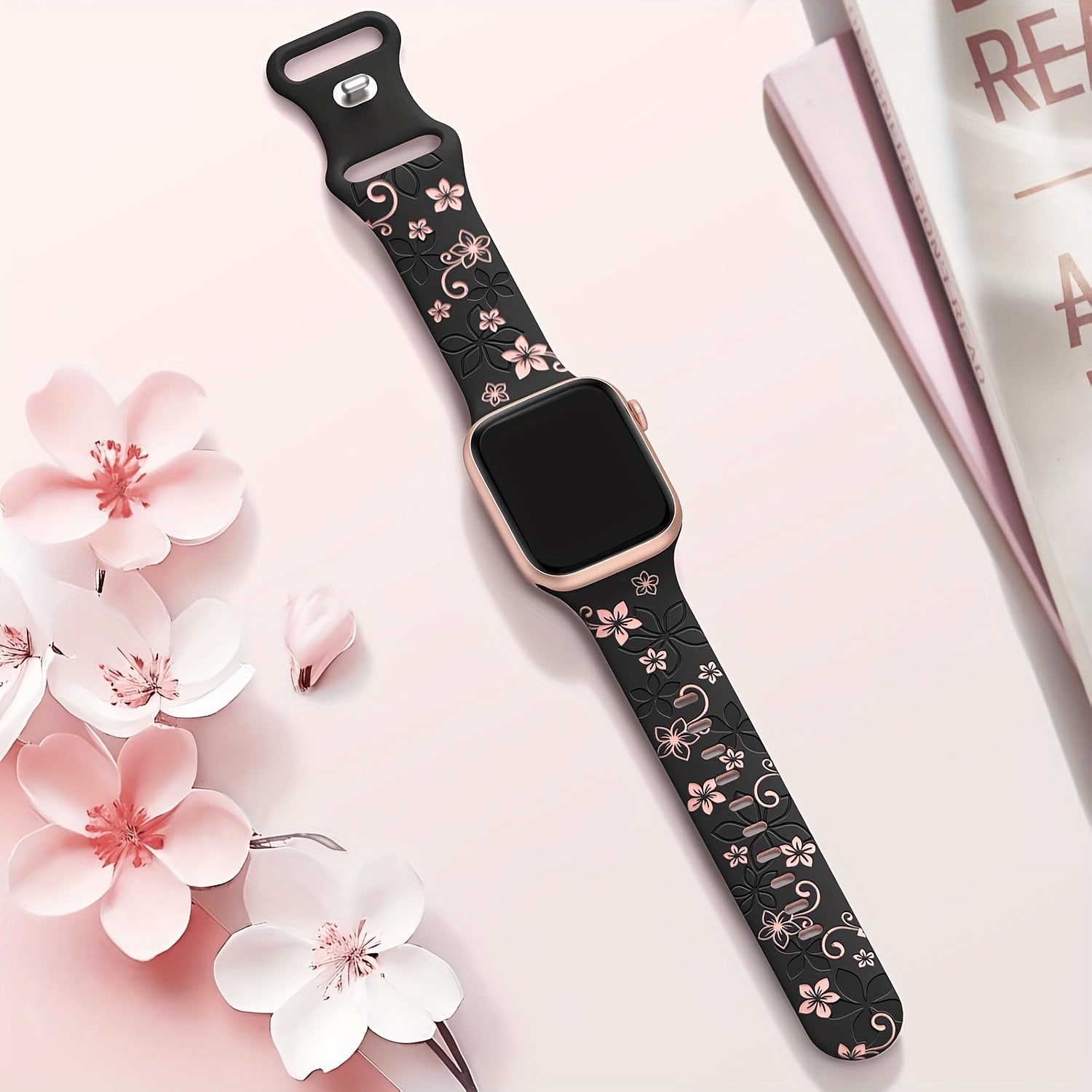 Waterproof Floral Silicone Watch Band with Butterfly Clasp for Apple Watch Series 1-10 SE in Multiple Colors