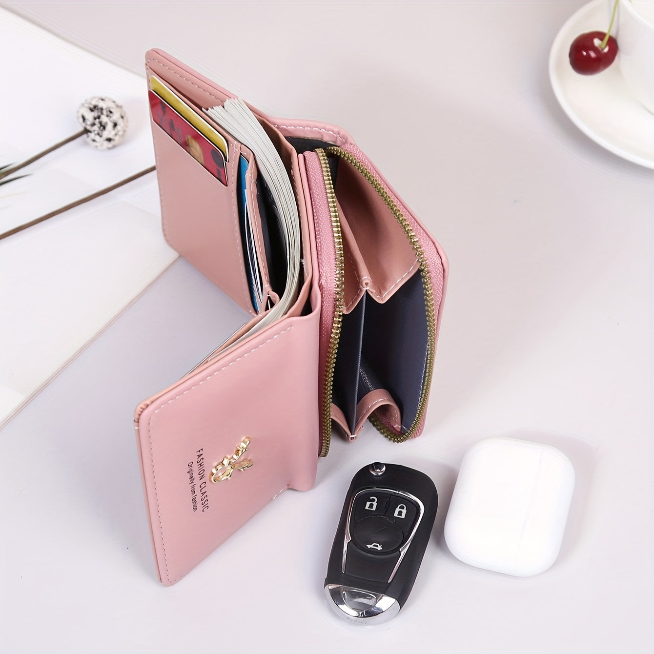 Men's Black PU Tri-Fold Wallet with Card Slots and Buckle