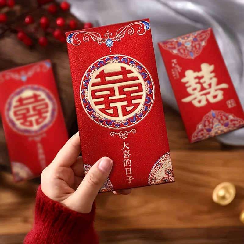 Set of 6 Frosted Red Envelopes for Chinese New Year Lucky Money Gift and Wedding Decoration