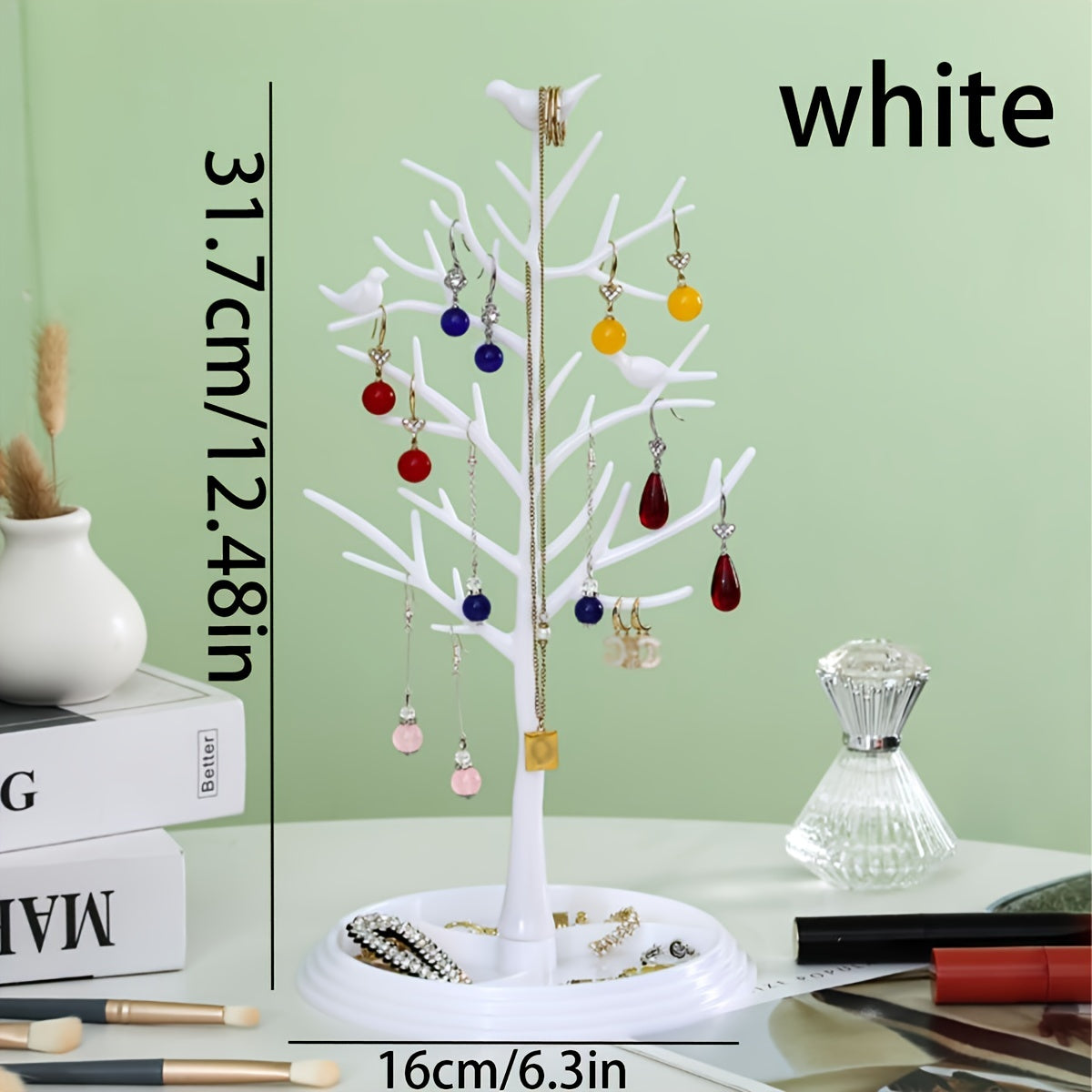 Acacia Bird Tree Jewelry Organizer for Necklaces Bracelets Earrings Rings with Key and Mask Storage