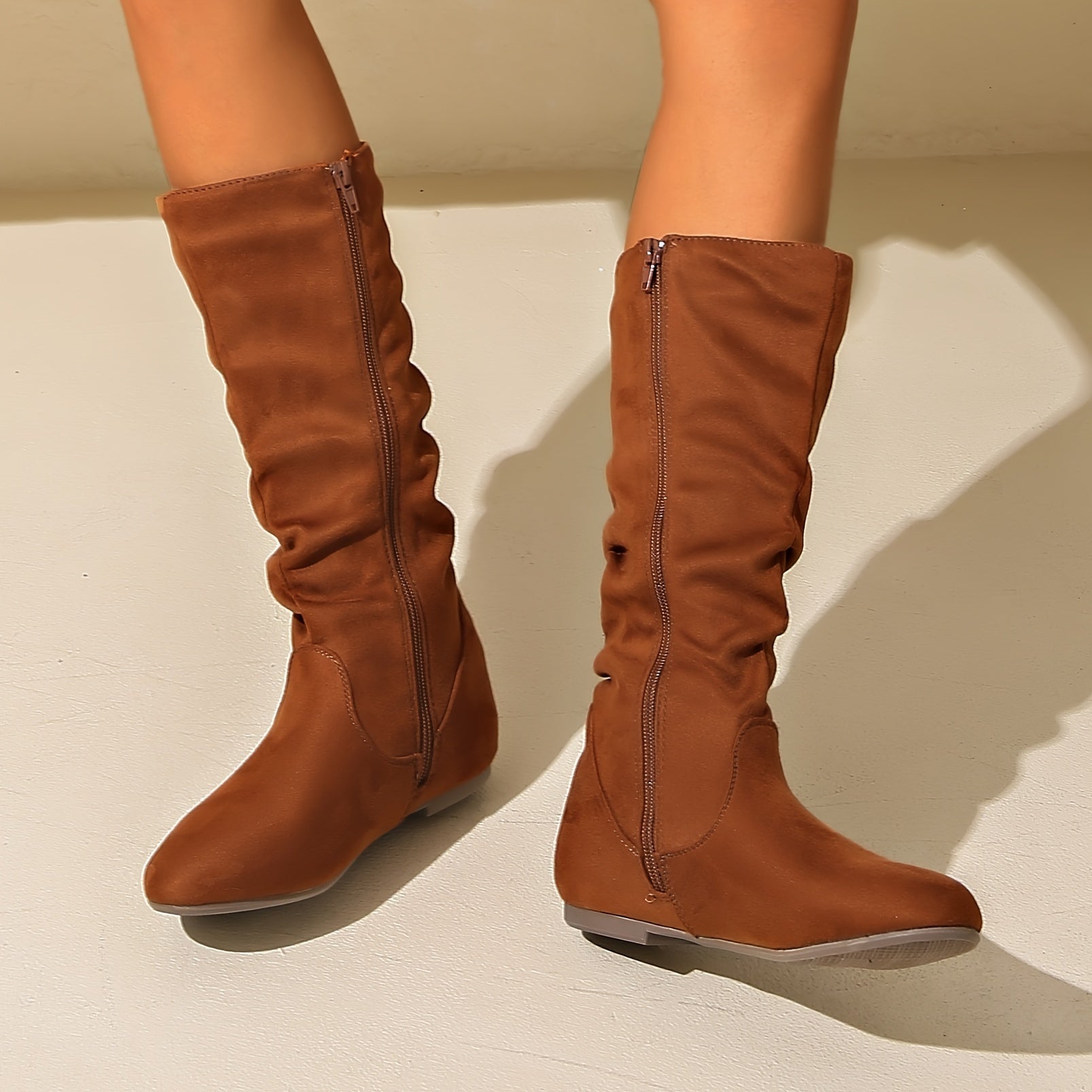 Women's Solid Color Round Toe Flat Mid-Calf Boots with Side Zipper