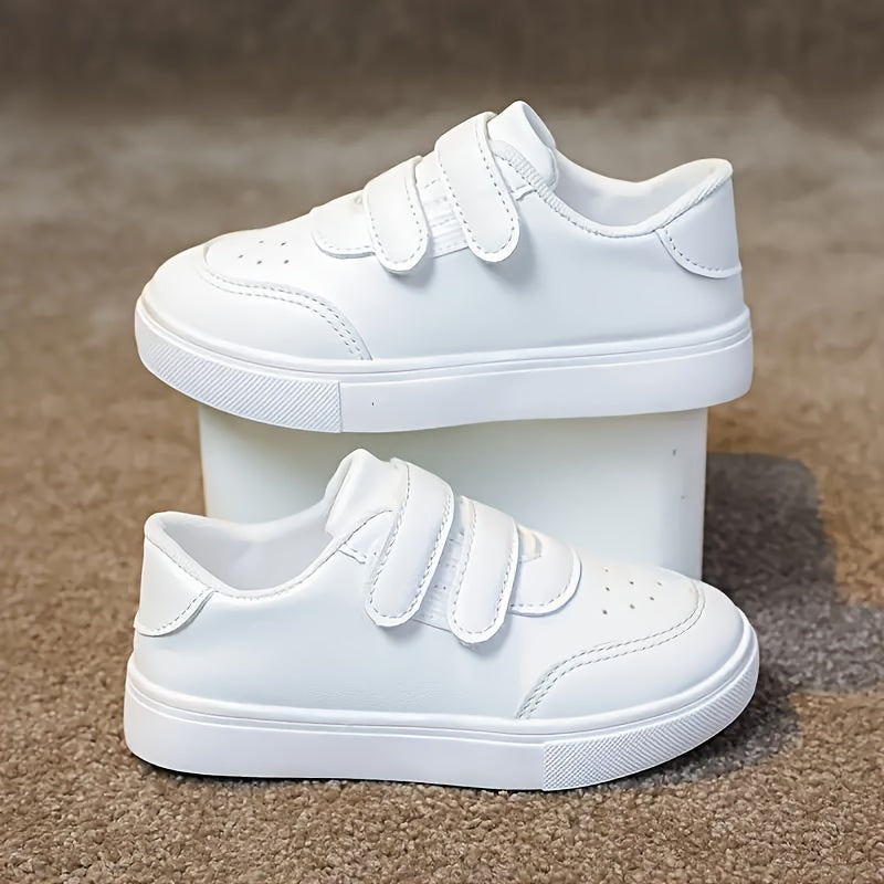Kids White Low-Top Casual Sneakers with Elastic Fastener Straps Breathable Fabric Rubber Sole