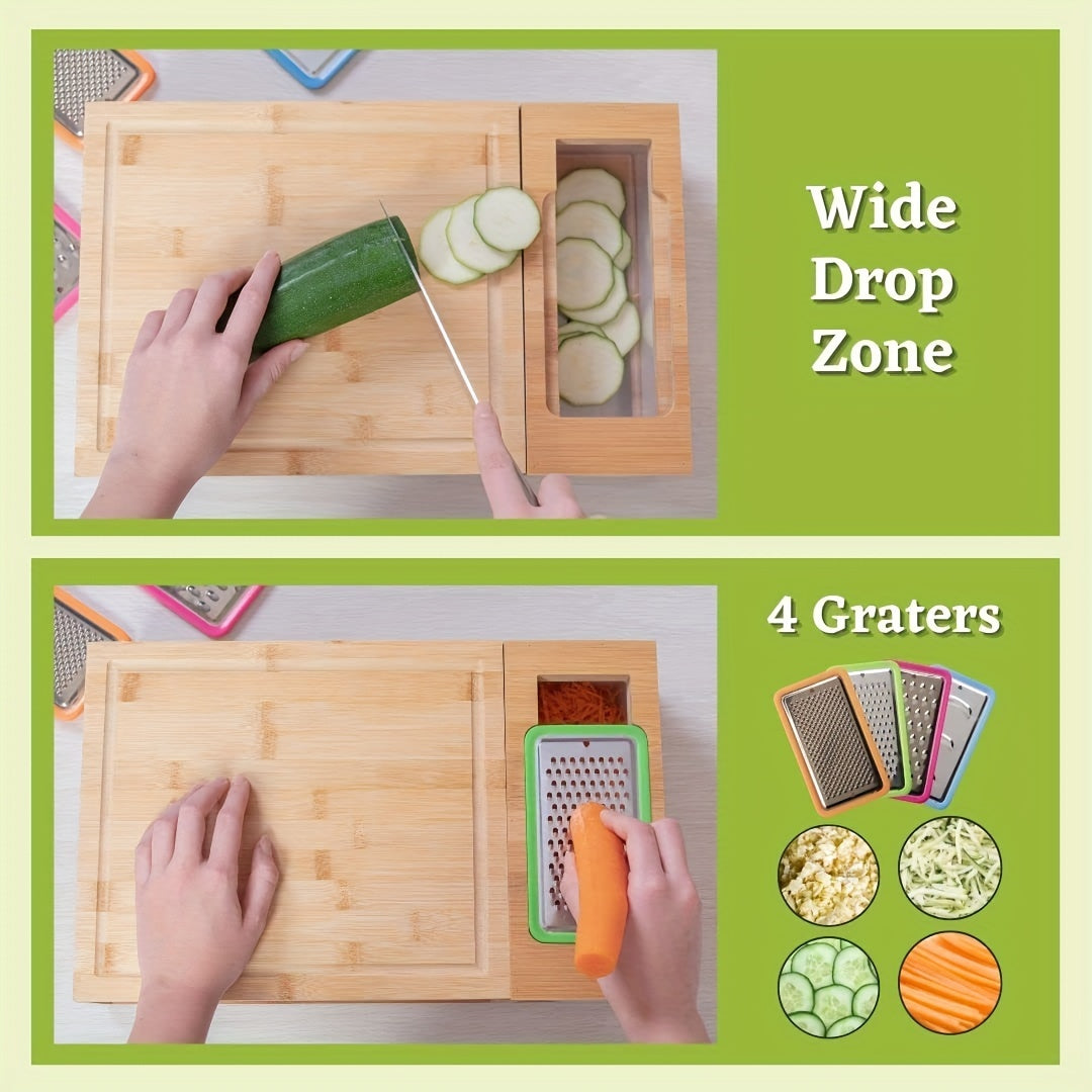 Bamboo Cutting Board Set with Containers, Graters, and Lidded Trays