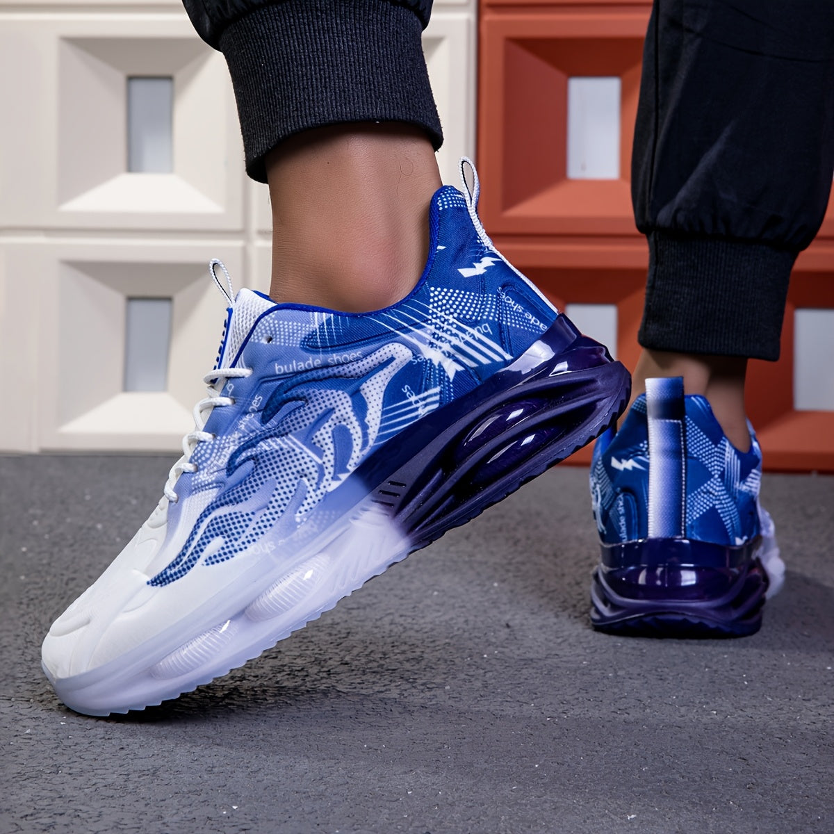 Men's Athletic Sneakers with PVC Sole Breathable Fabric Upper Flame Motif Casual Outdoor