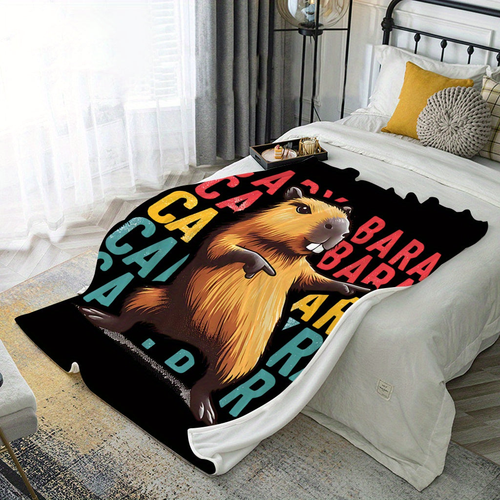 Cozy Flannel Throw Blanket with Rock Capybara Design for Kids and Adults, All-Season Plush Bed Couch Travel