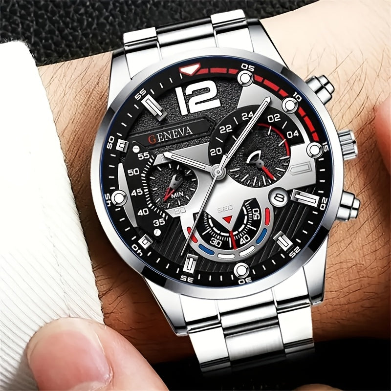 Men's Stainless Steel Watch Set with Calendar and Accessories
