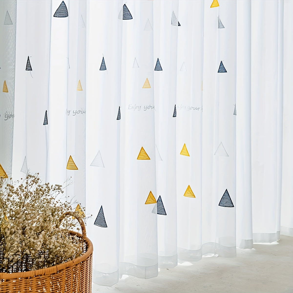White Geometric Triangle Sheer Curtains for Girls Room Living Room Bedroom Polyester Embroidered Panel