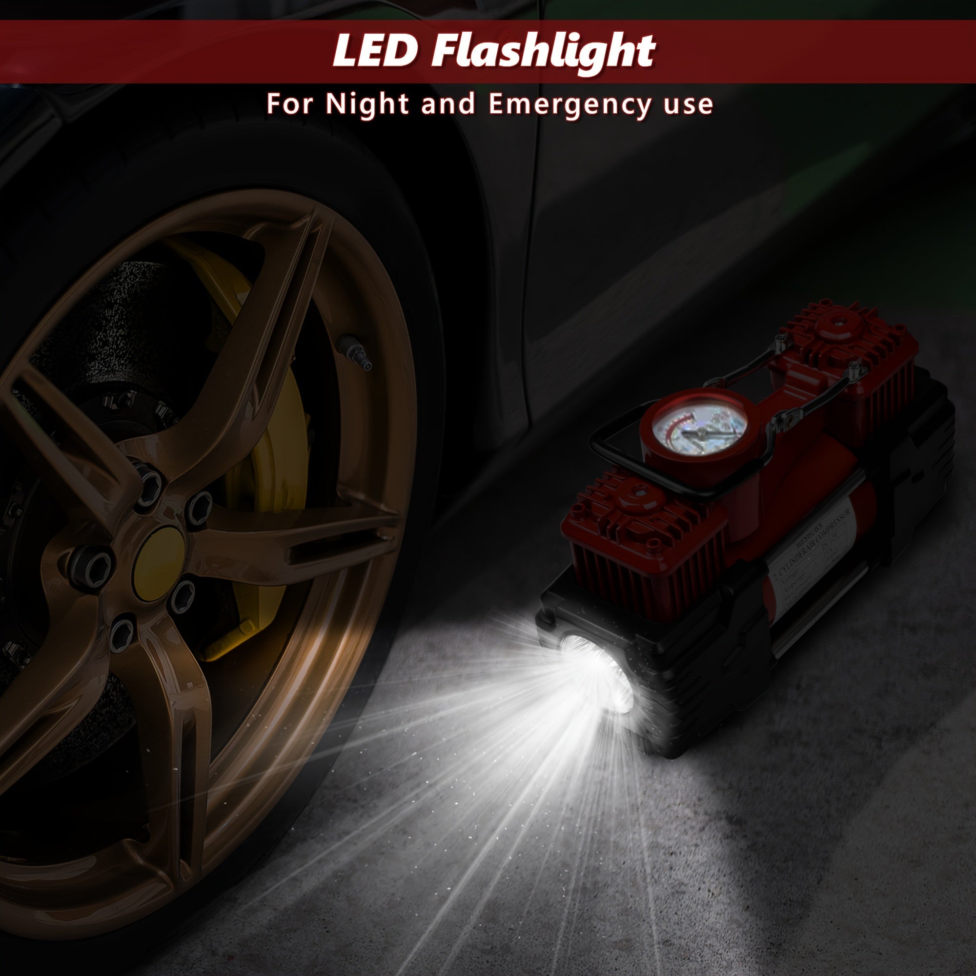 12V Twin Cylinder Air Compressor for Vehicles Bicycles with Accurate Gauge and Emergency Light