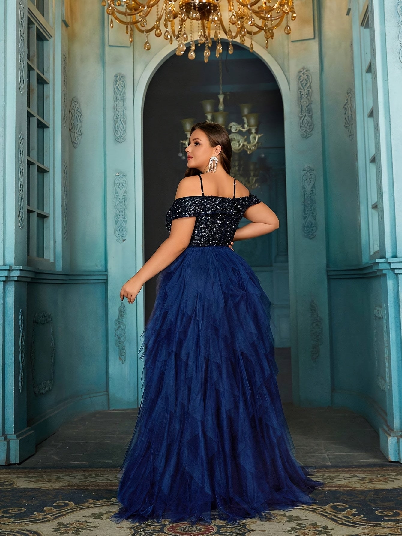 Women's Off-Shoulder Evening Gown Rhinestone Embellished Plus Size Formal Dress