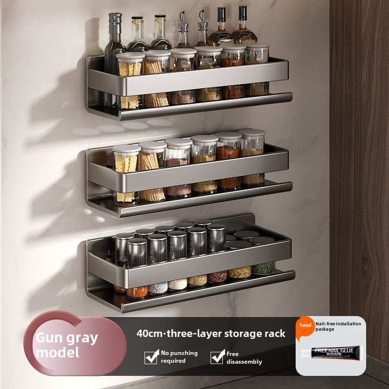 Wall-Mounted Stainless Steel Spice Rack with Containers, No Nails, Holds 15kg