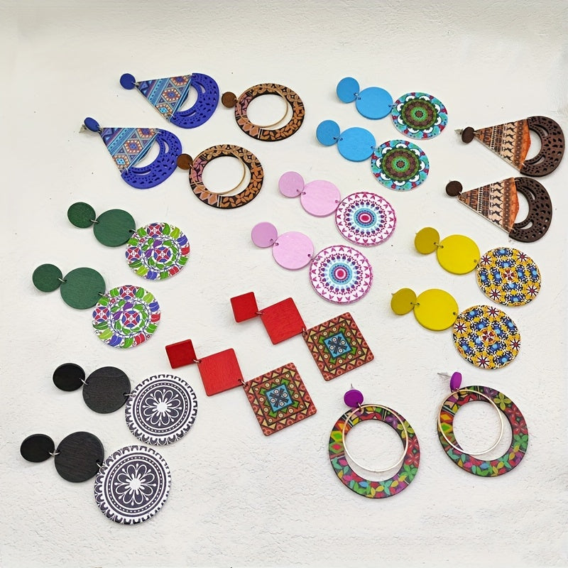 Women's Bohemian Wooden Drop and Geometric Earrings with Colorful Prints