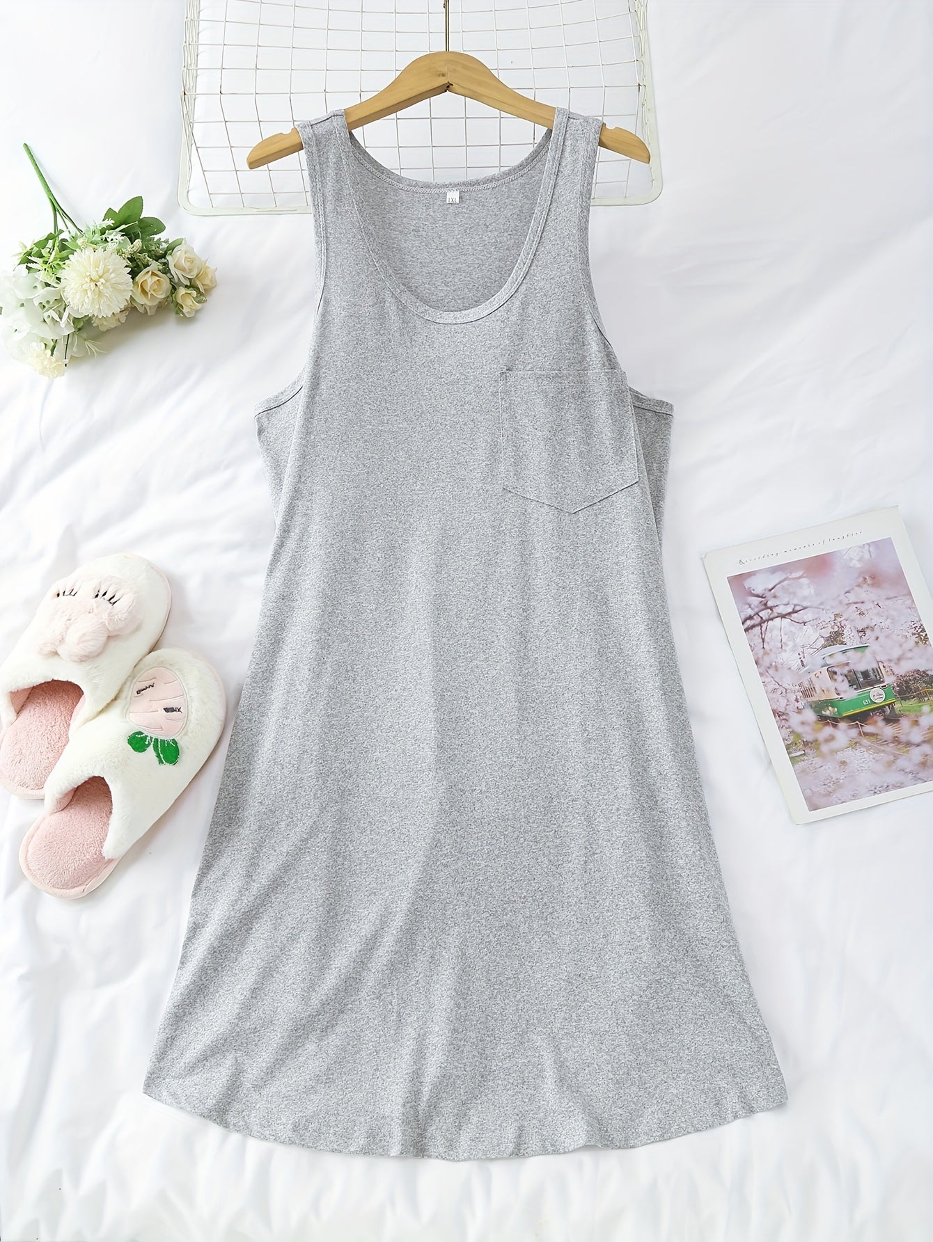 Women's Cotton Solid Color Nightgown Set with Chest Pockets