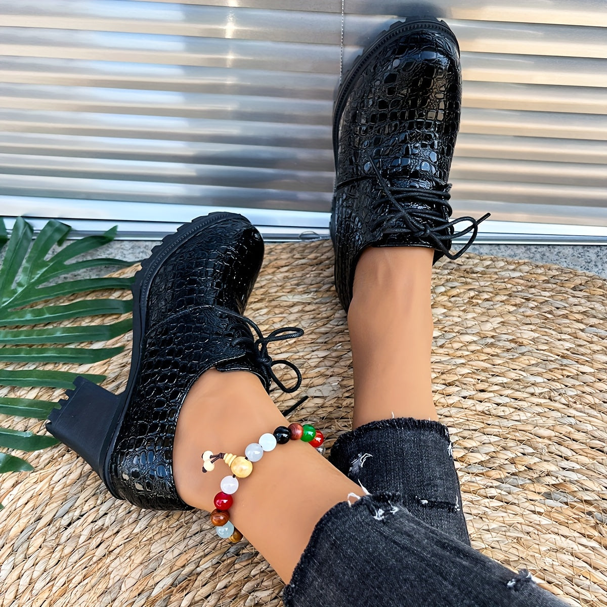 Women's Burgundy Crocodile-Textured PU Oxford Shoes Chunky Heels