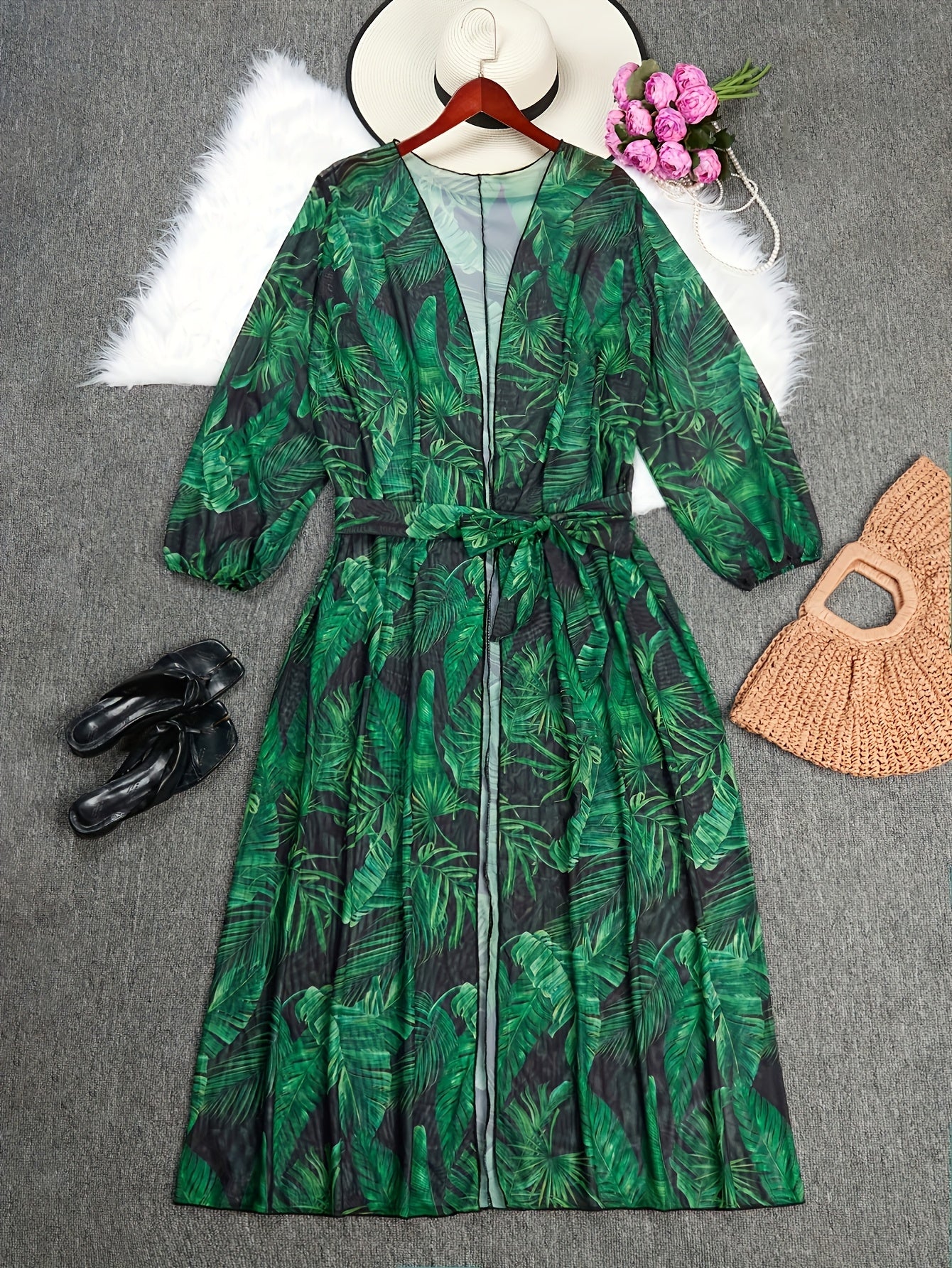 Plus Size Long Sleeve Tropical Print Kimono Cardigan Green Leaf High Stretch Polyester Summer Beach Cover-Up