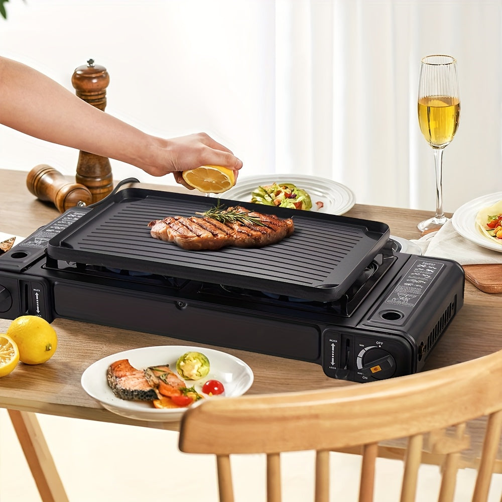 1 dona portativ kamping dual-bosh gaz pechka, sozlanadigan yong'ich bilan, 4600W quvvat, uy oshxona BBQ tashqi piknik barbekyu uchun