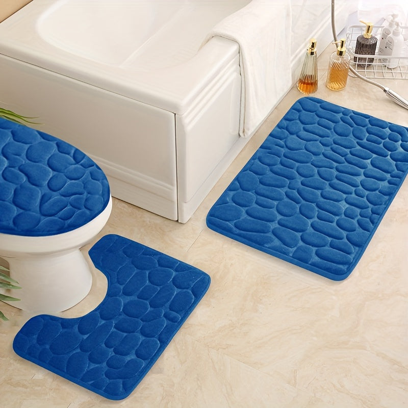 Set of 3 Memory Foam Bathroom Rugs Non-Slip Absorbent Cobblestone Design
