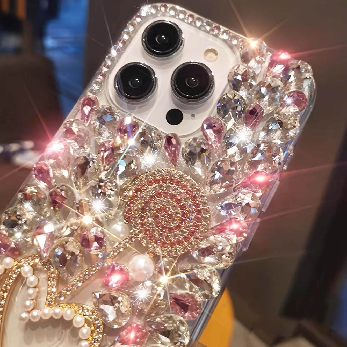 Luxury Pink Crystal TPU Phone Case with Rhinestones and Lanyard for iPhone 16 Pro Max and 15 Plus