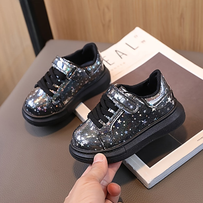 Kids Glittery Sequin Sneakers with Hook-and-Loop Strap All-Season Casual Boys Girls