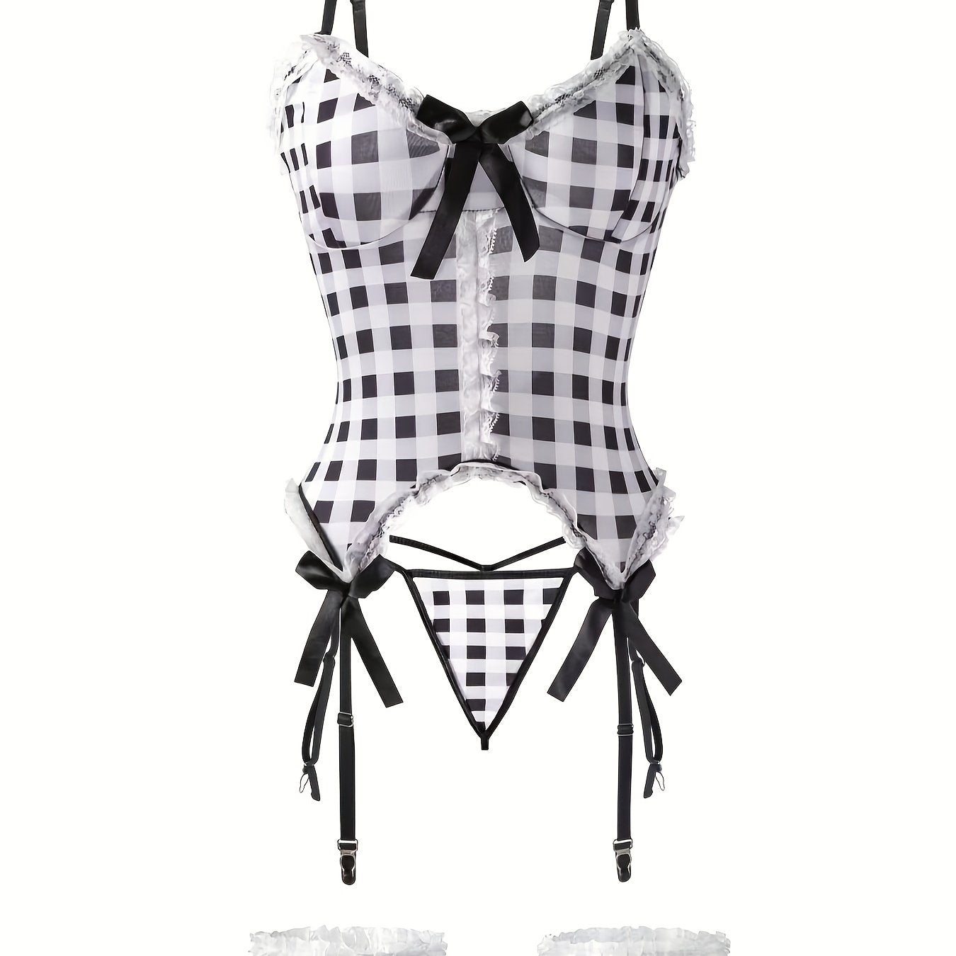 Women’s Lingerie Set with Grid Pattern and Bow