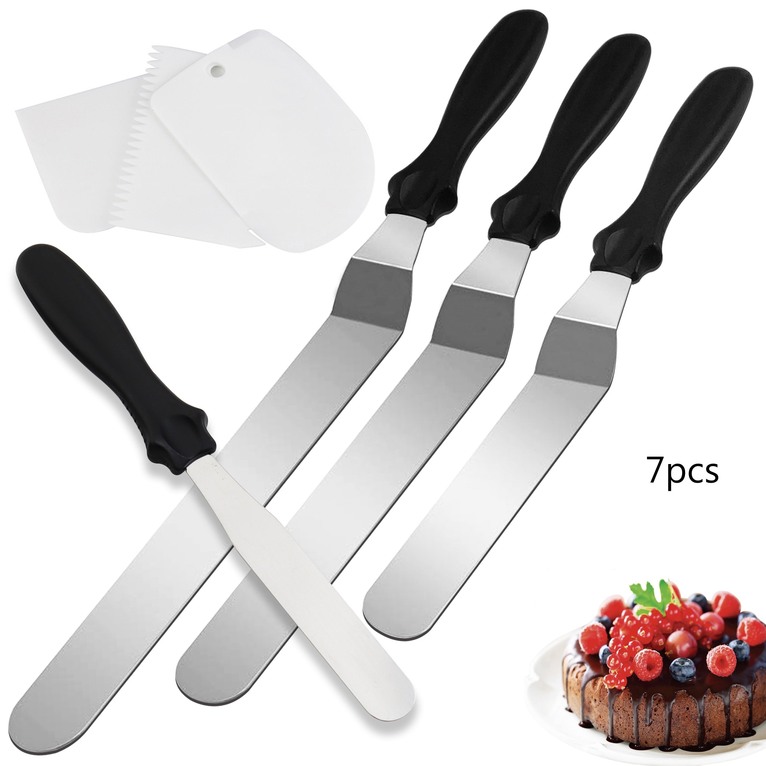 Cake Scraper Set of 7 Stainless Steel Baking Tools with Metal Smoothers and Spatulas