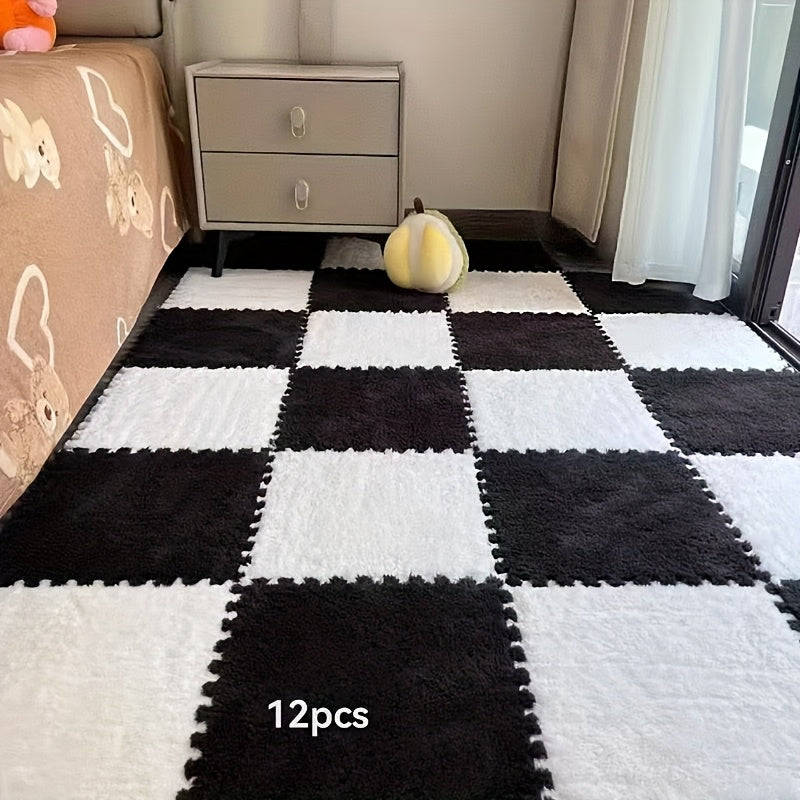 12pcs Square Flower Pattern Plush Area Rugs Set Washable Non-Slip Low Pile Polyester EVA Bedroom Living Room Decor