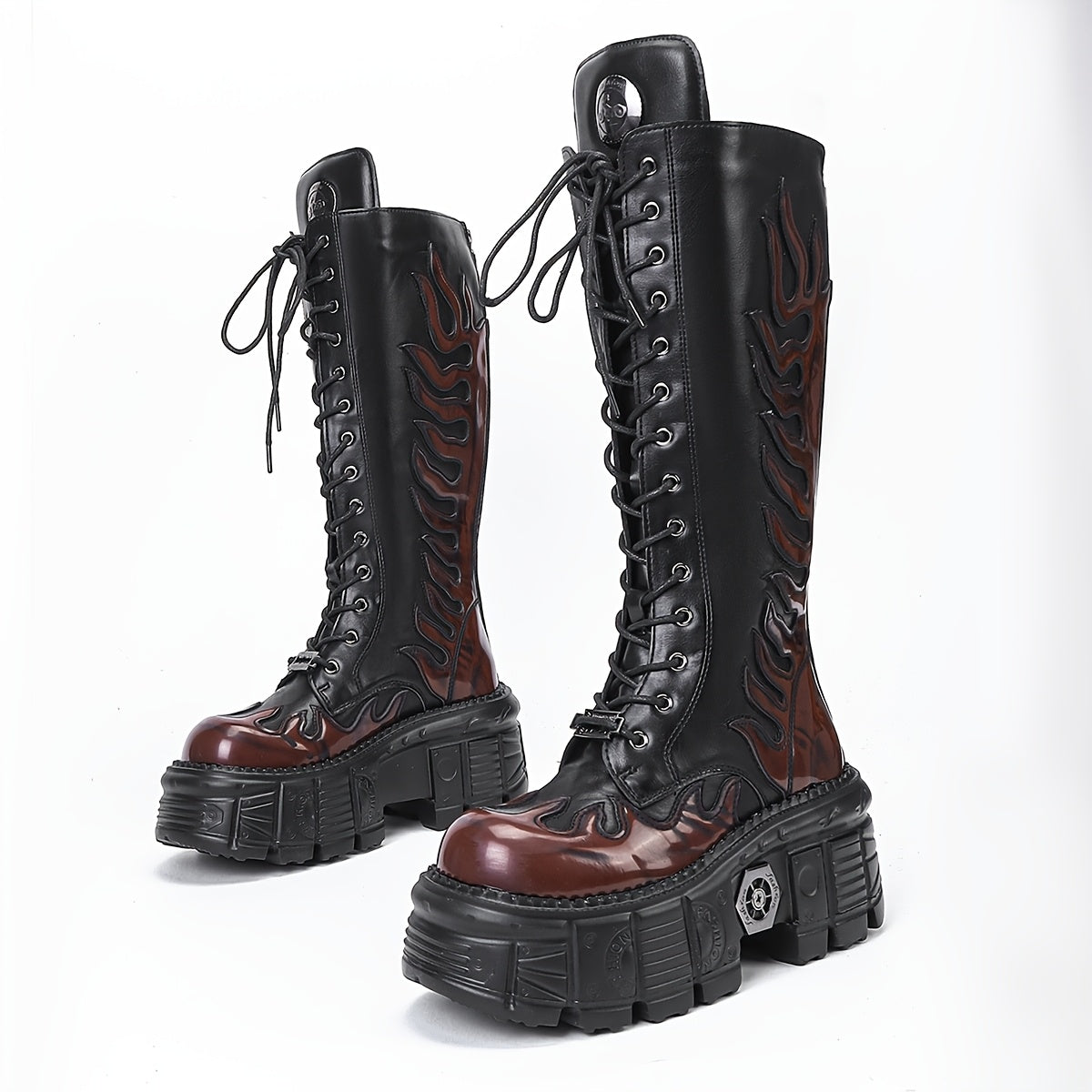 Women's Faux Leather Punk Flame Mid-Calf Platform Boots