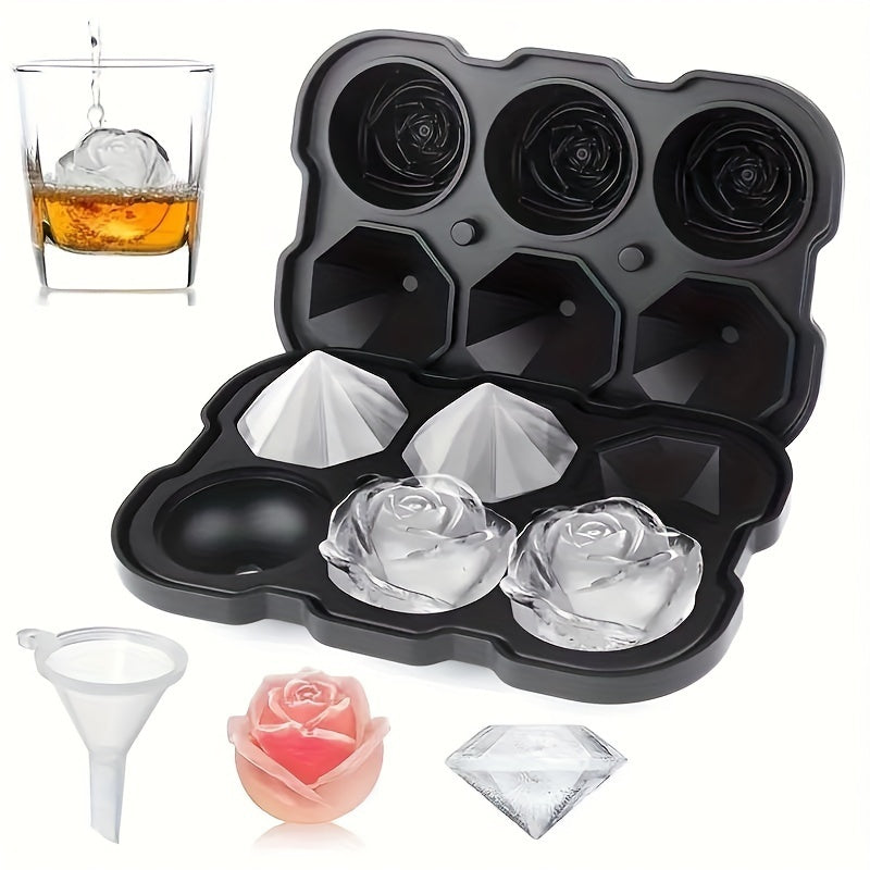 2-in-1 Ice Tray Duo Diamond and Rose Ice Molds Large Cubes for Whiskey and Drinks