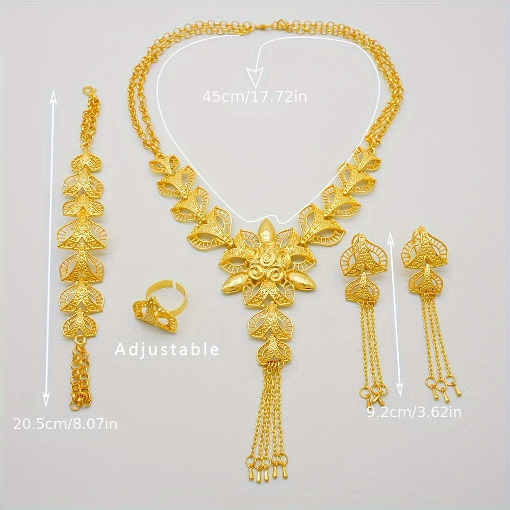 Luxury Gold Indian-Inspired Jewelry Set with Necklace Earrings and Ring for Weddings and Daily Wear