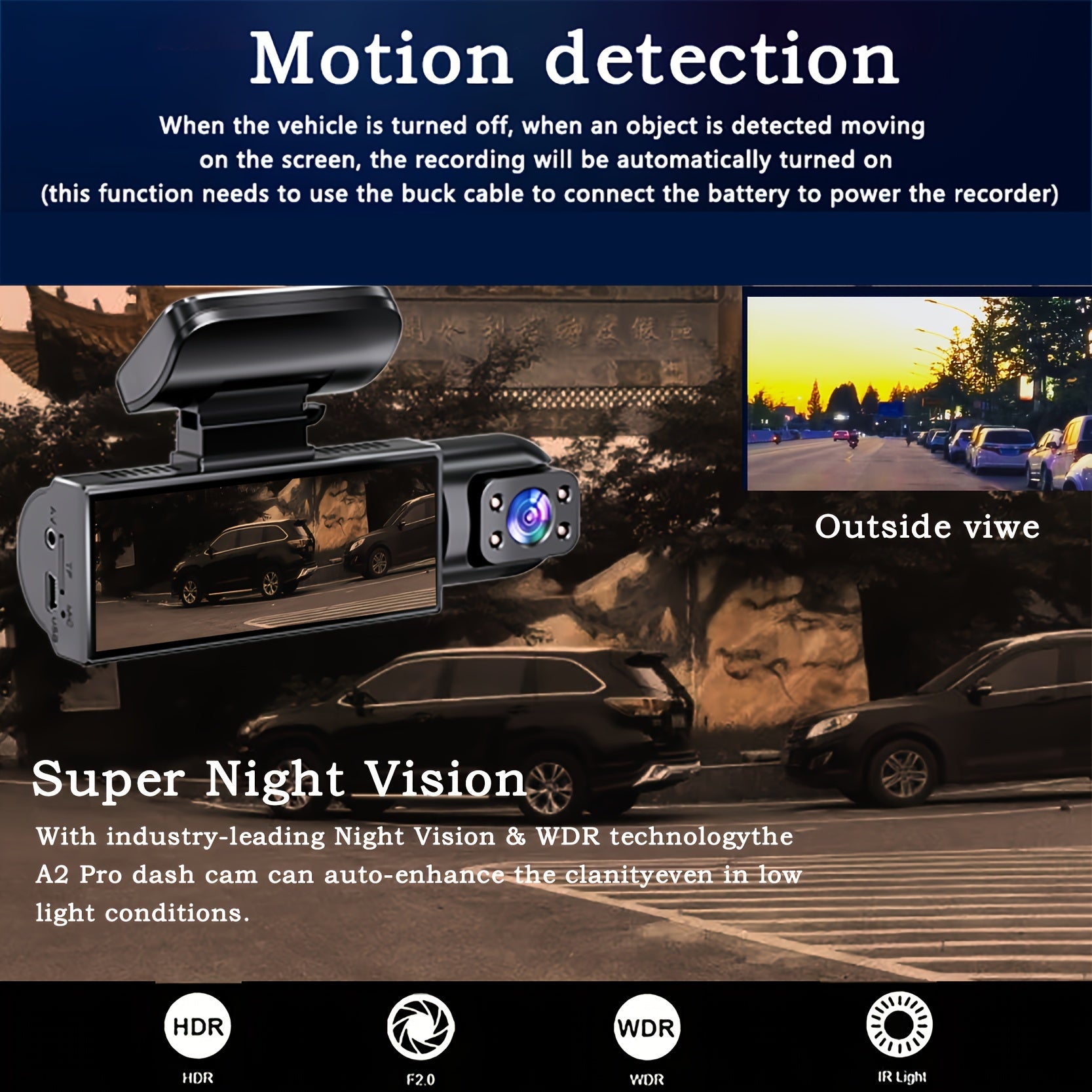 Cámara de tablero para coche con doble lente 1080P, sensor de gravedad, grabación en bucle de 64GB, batería de 12 horas