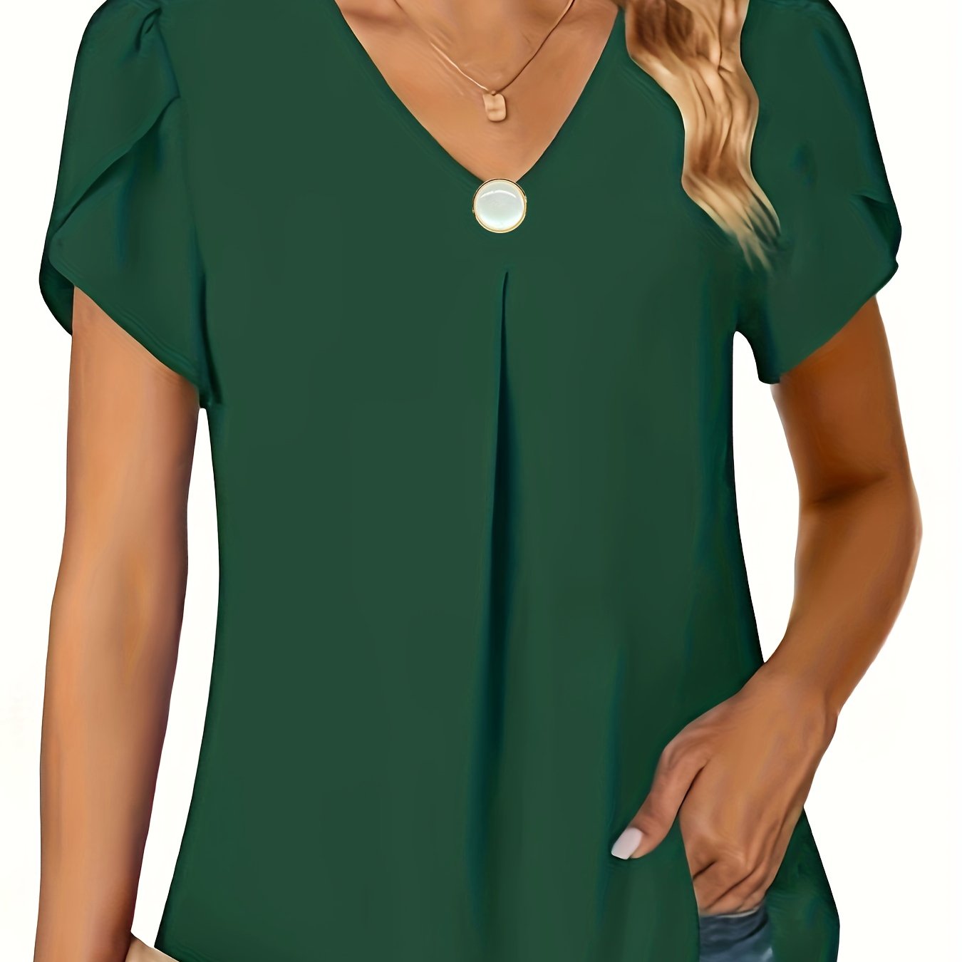 Women's Chiffon V-Neck Blouse with Ruffles Short Sleeves Elastic Waist Solid Color