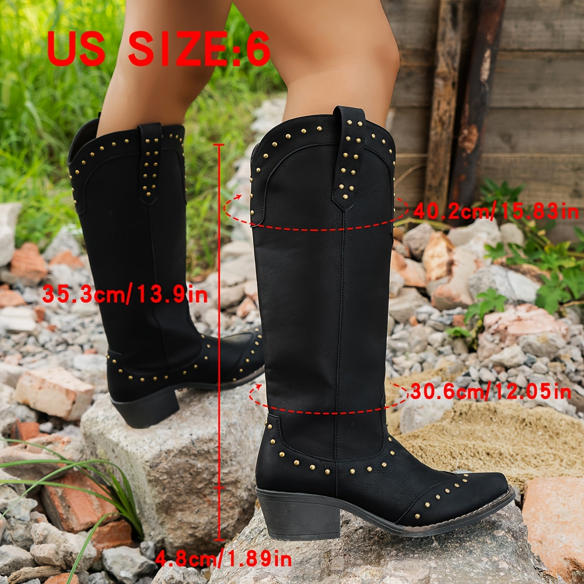 Women's Western Cowboy Boots Faux Cover Golden Studs Slip-On Mid-Heel