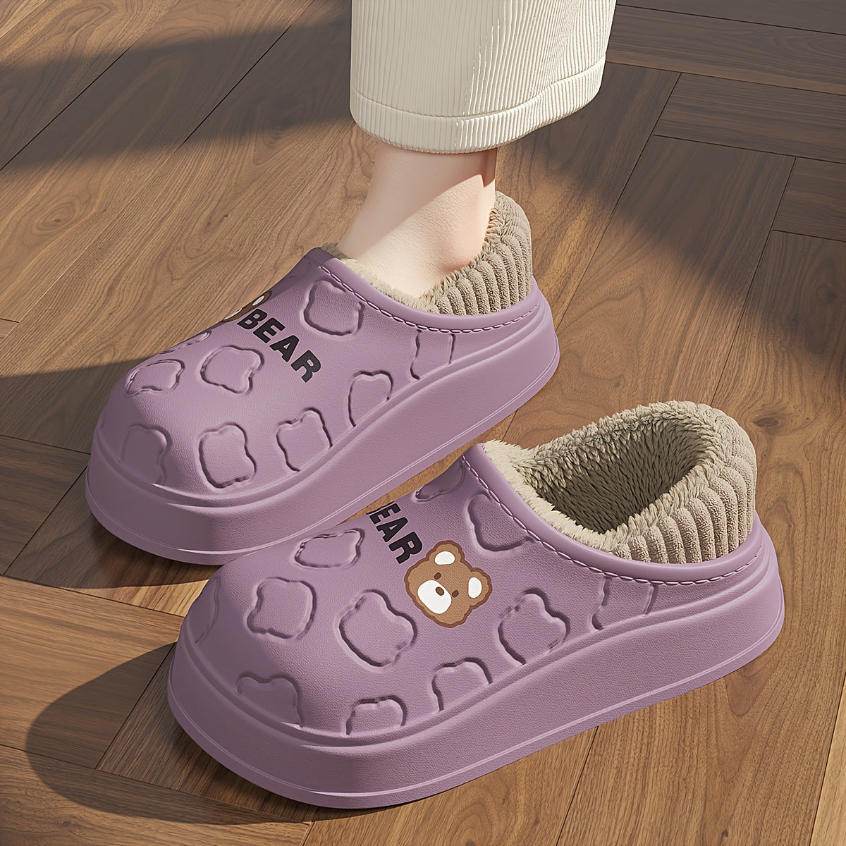 Ayollar uchun Slip-On ayiq shlyapchalari ichki va tashqi foydalanish uchun, yopishmaydigan EVA, bej va qora