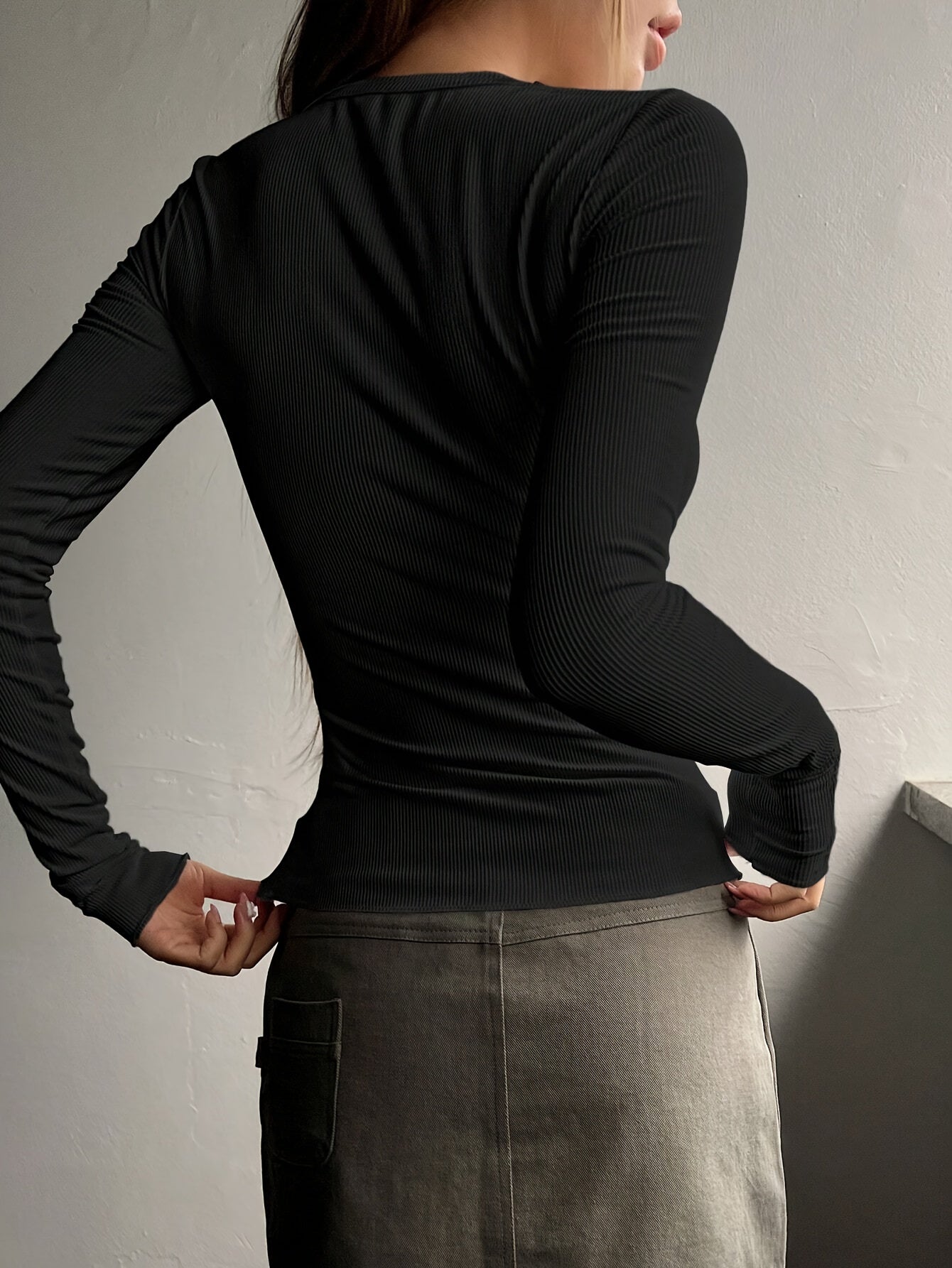 Women's Black Ribbed Knit T-Shirt with Half-Button Placket Slim Fit Spring Summer