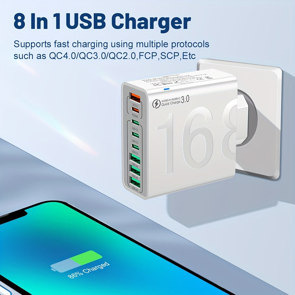 8-in-1 tez zaryadlash USB telefon zaryadkasi, 4 USB va 4 Type-C portlari bilan, QC 3.0 bilan mos, iPhone Samsung uchun