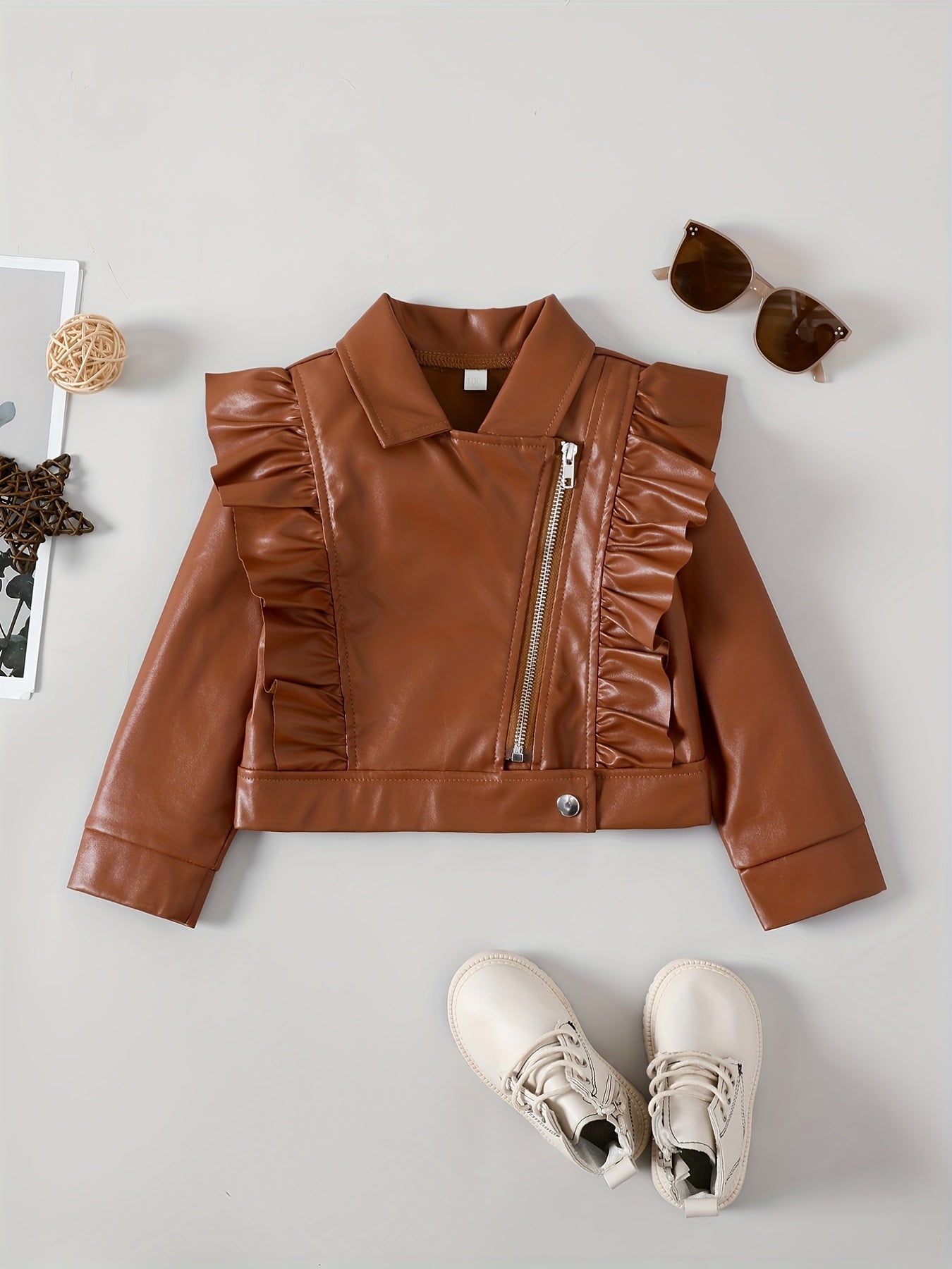 Girls' Brown Boho Chic Jacket with Ruffled Collar Long Sleeves Zipper and Button Closure for Kids