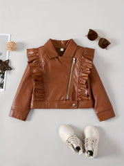 Girls' Brown Boho Chic Jacket with Ruffled Collar Long Sleeves Zipper and Button Closure for Kids