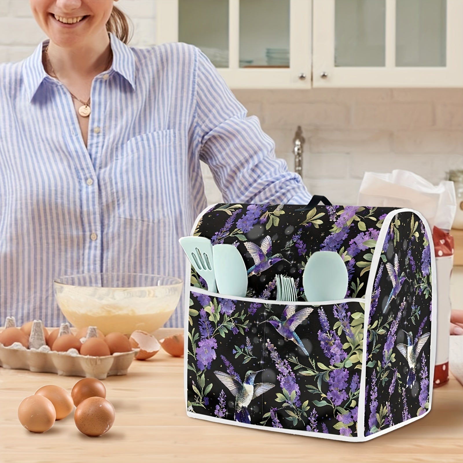 Zarif Gullar bilan Hummingbird Stand Mikser Qopqog'i - Oson tozalash, 6-8 kvartli Oshxona Mikserlari uchun Mashinada yuviladigan Changdan himoya.