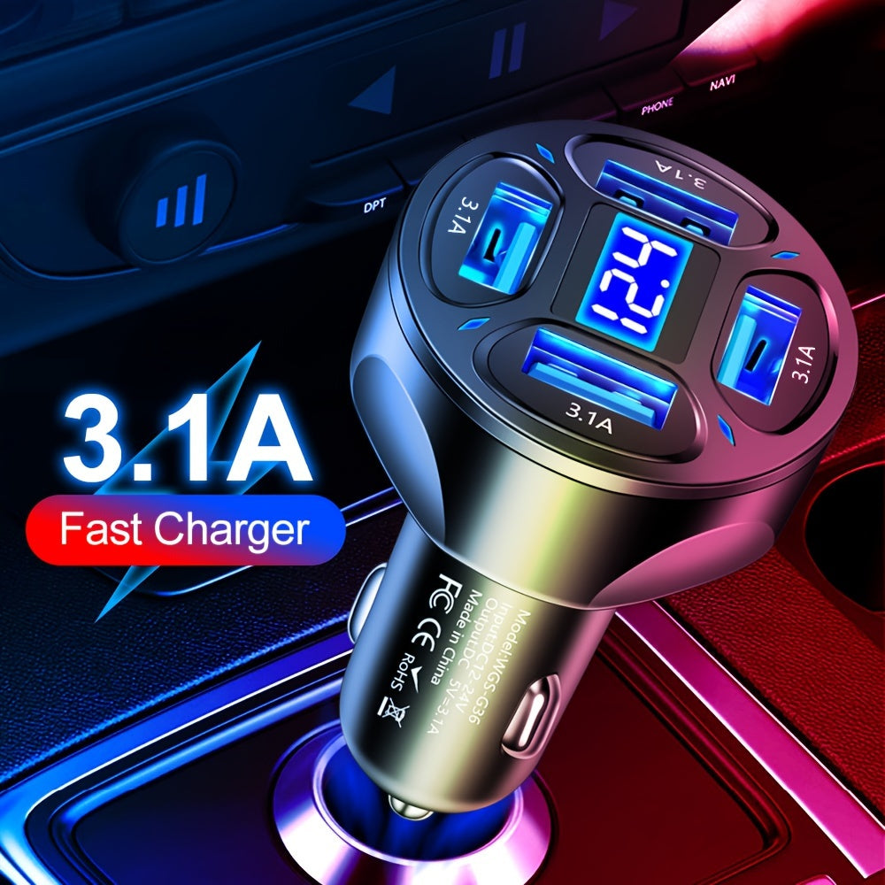 Car Charger 4-Port USB with LED Display Durable ABS Compact Black/White