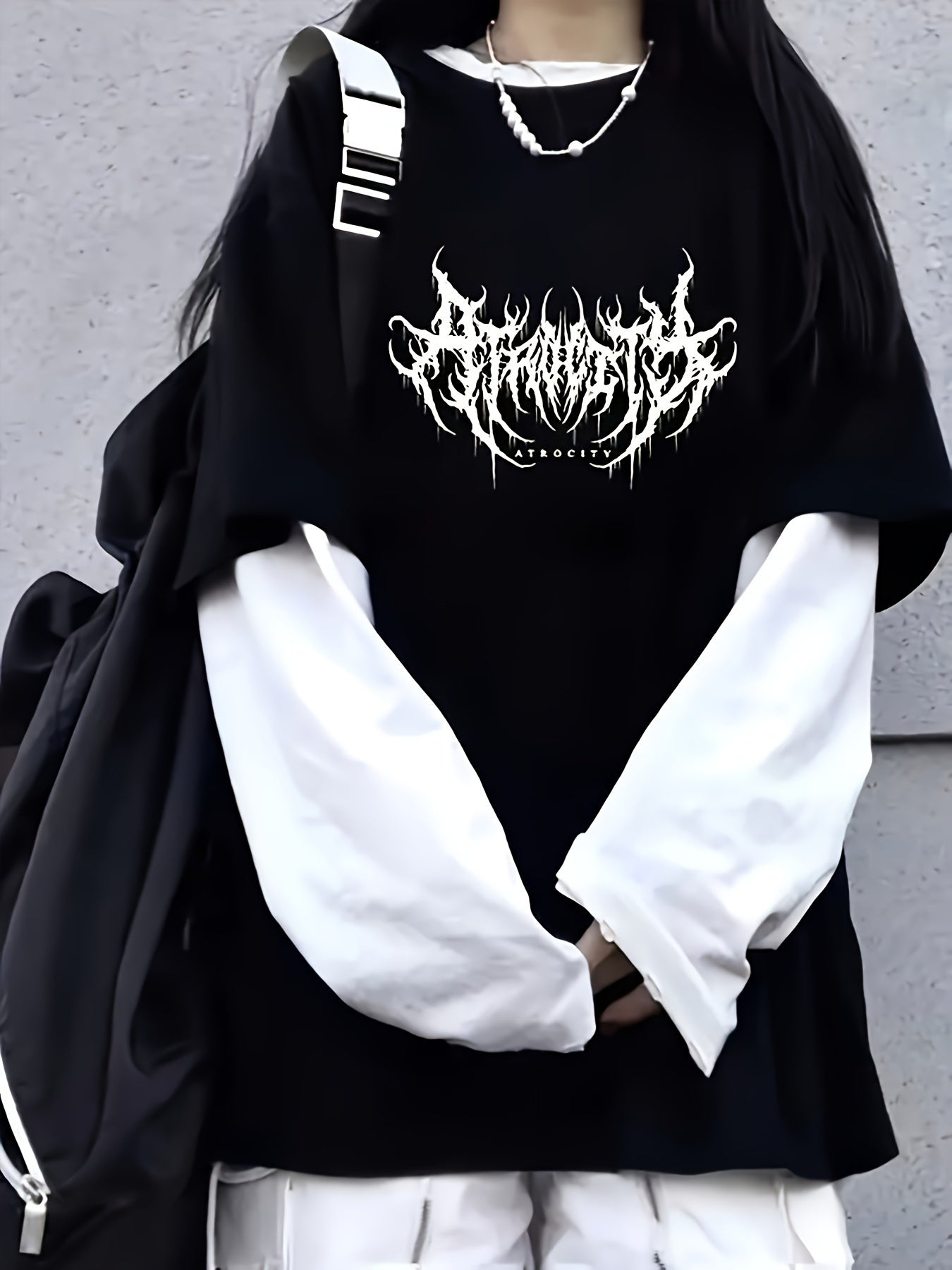 Women's Gothic Floral Print Long Sleeve T-Shirt with Crew Neck and Faux Layered Design