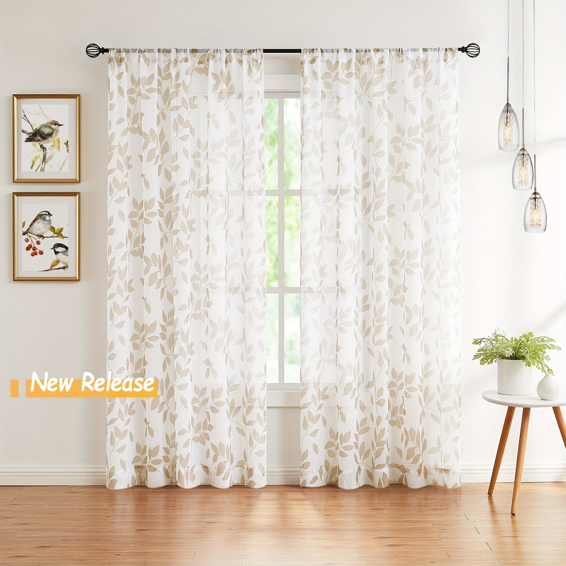 White Leaf Print Linen Sheer Curtains for Bedroom, Living Room, Office