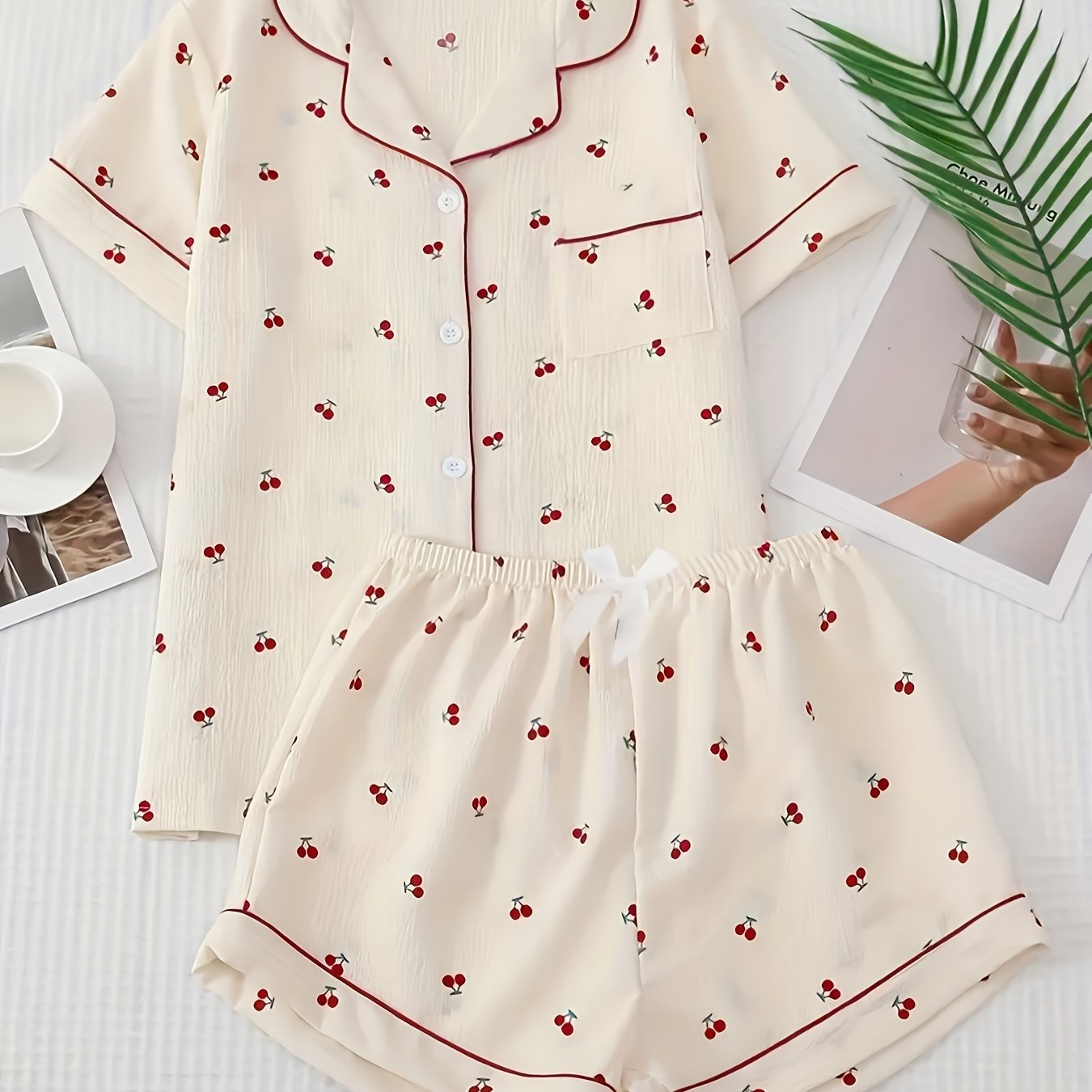 Women's Plus Size Cherry Print Pajama Set Short Sleeve Short Length Casual