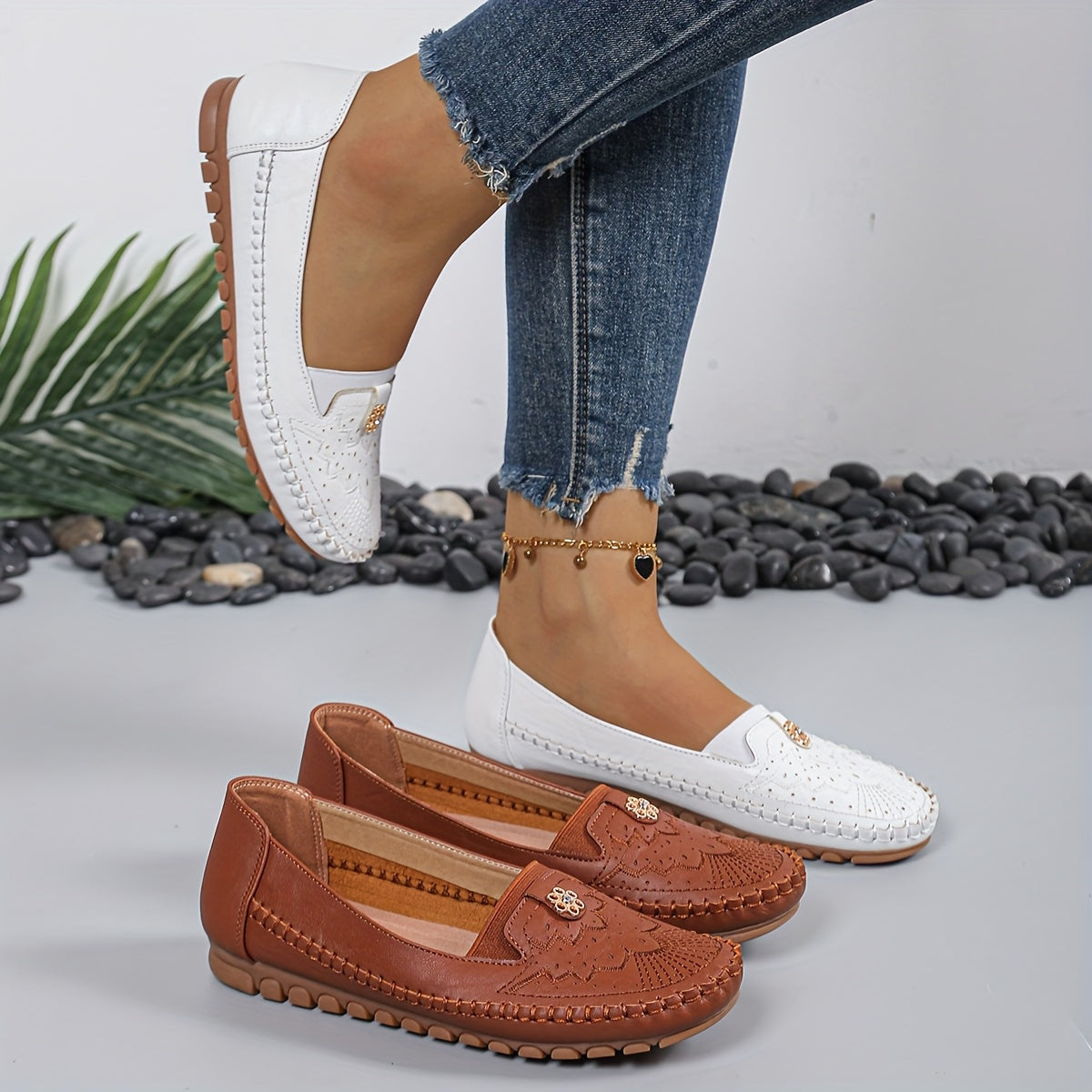 Women's White Embroidered Slip-On Loafers with Gold Accents