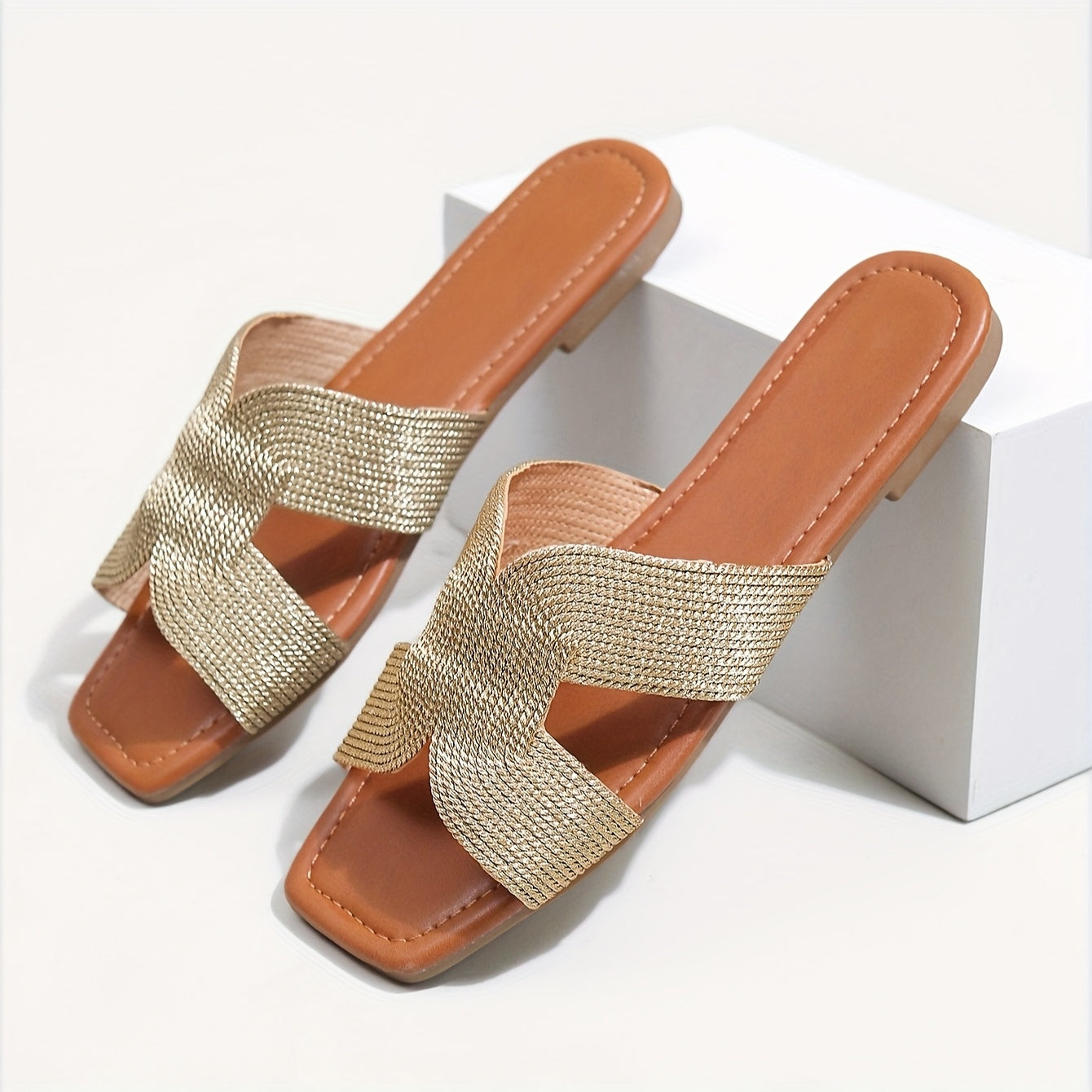 Women Solid Color Strappy Flat Sandals Slip-On Open Toe Beach Slides