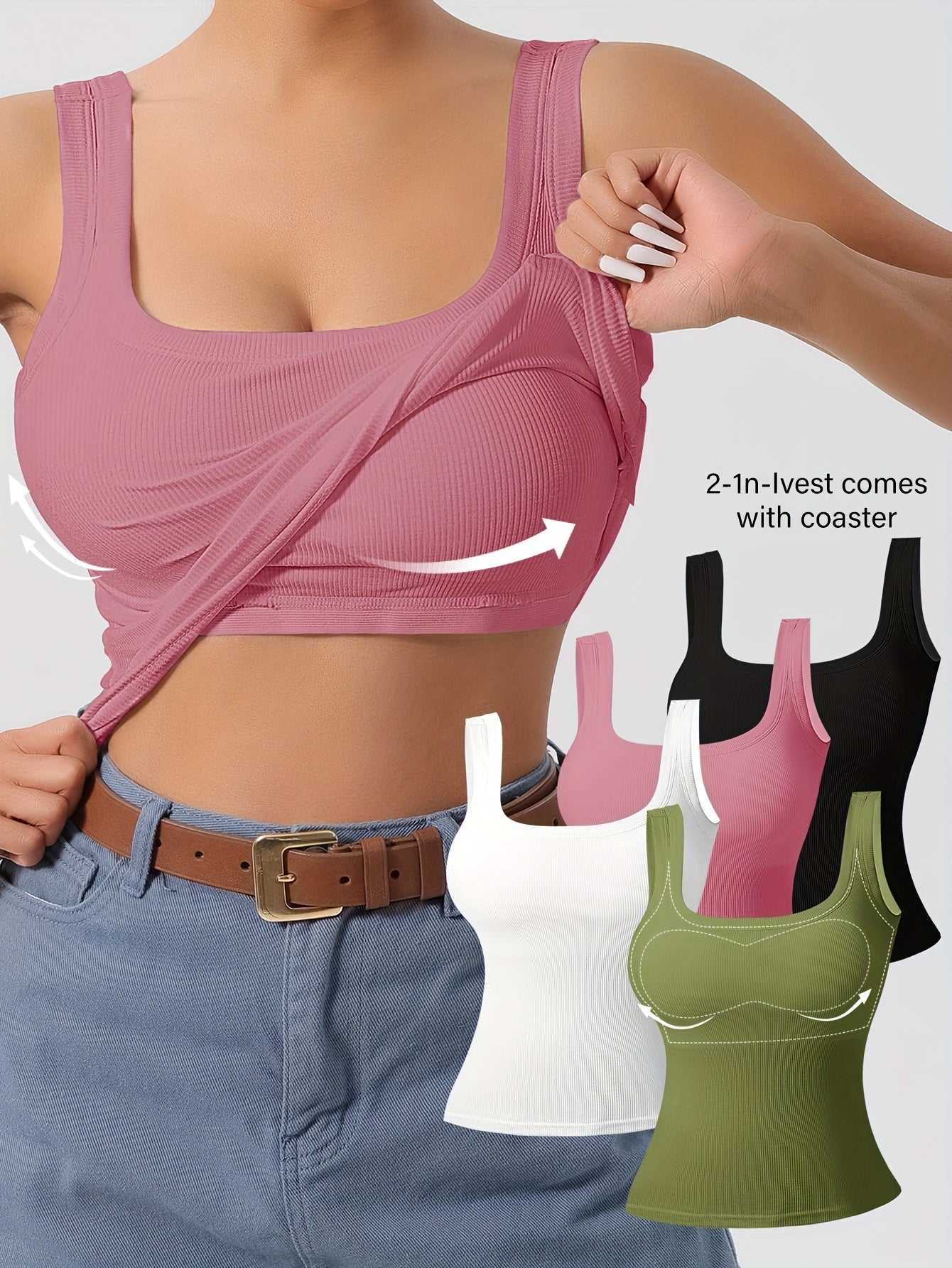 Tops de tirantes con espalda en U para mujer con almohadillas removibles, ajuste delgado, color sólido, mezcla de rayón transpirable