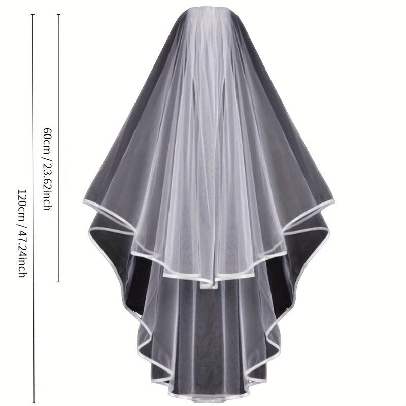 Velo de novia con borde de satén de doble capa y peine de metal para el cabello, accesorio para bodas