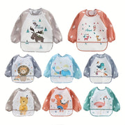 Baby Bib with Waterproof Long Sleeves, Reversible, Cartoon Design for Infants
