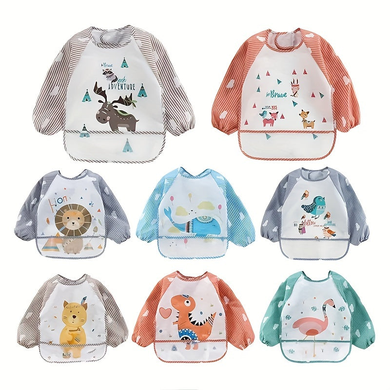 Baby Bib with Waterproof Long Sleeves, Reversible, Cartoon Design for Infants